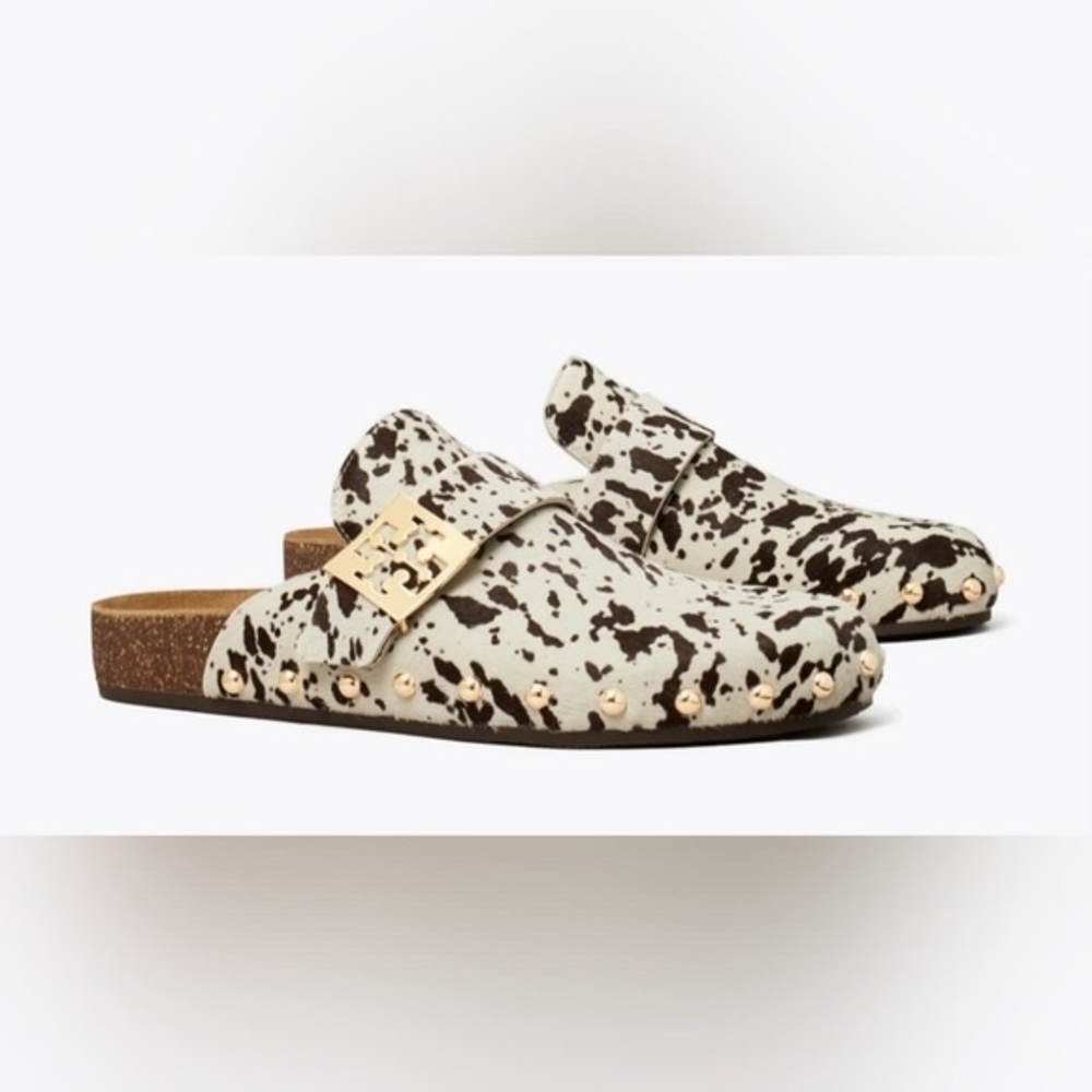 TORY BURCH MELLOW STUDDED MULE cow Print With Gold Studs Woman's 8.5, 9, 9.5,10